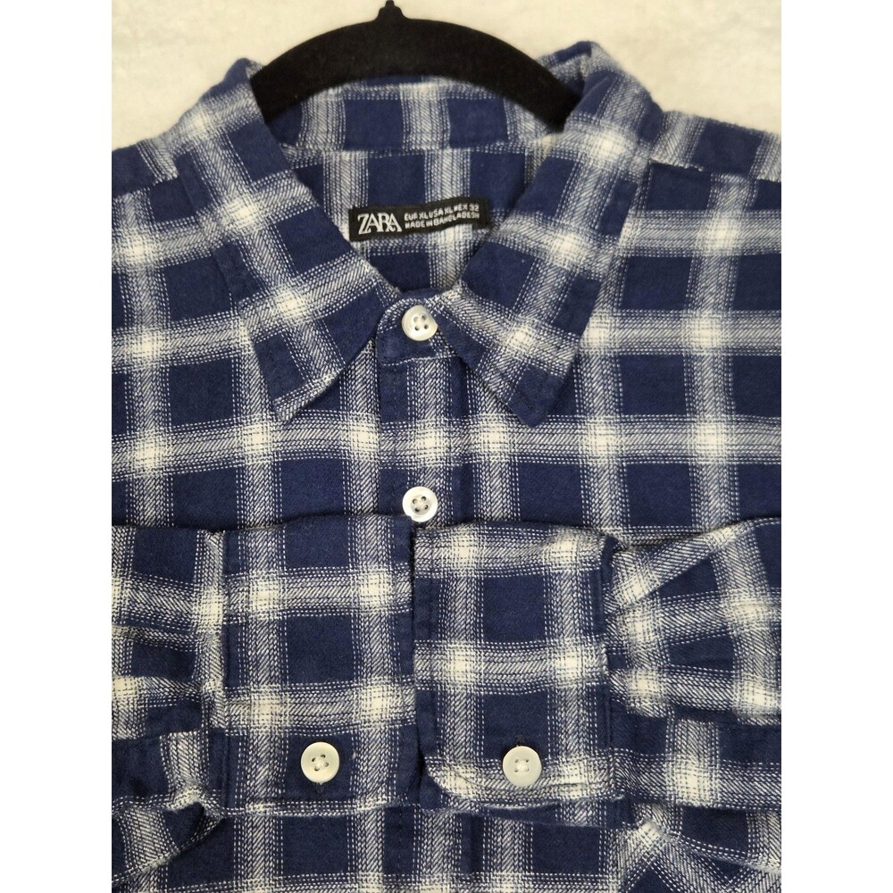Zara Shirt Mens XL Blue White Plaid Flannel Button Front LS Pocket‎ Soft Casual